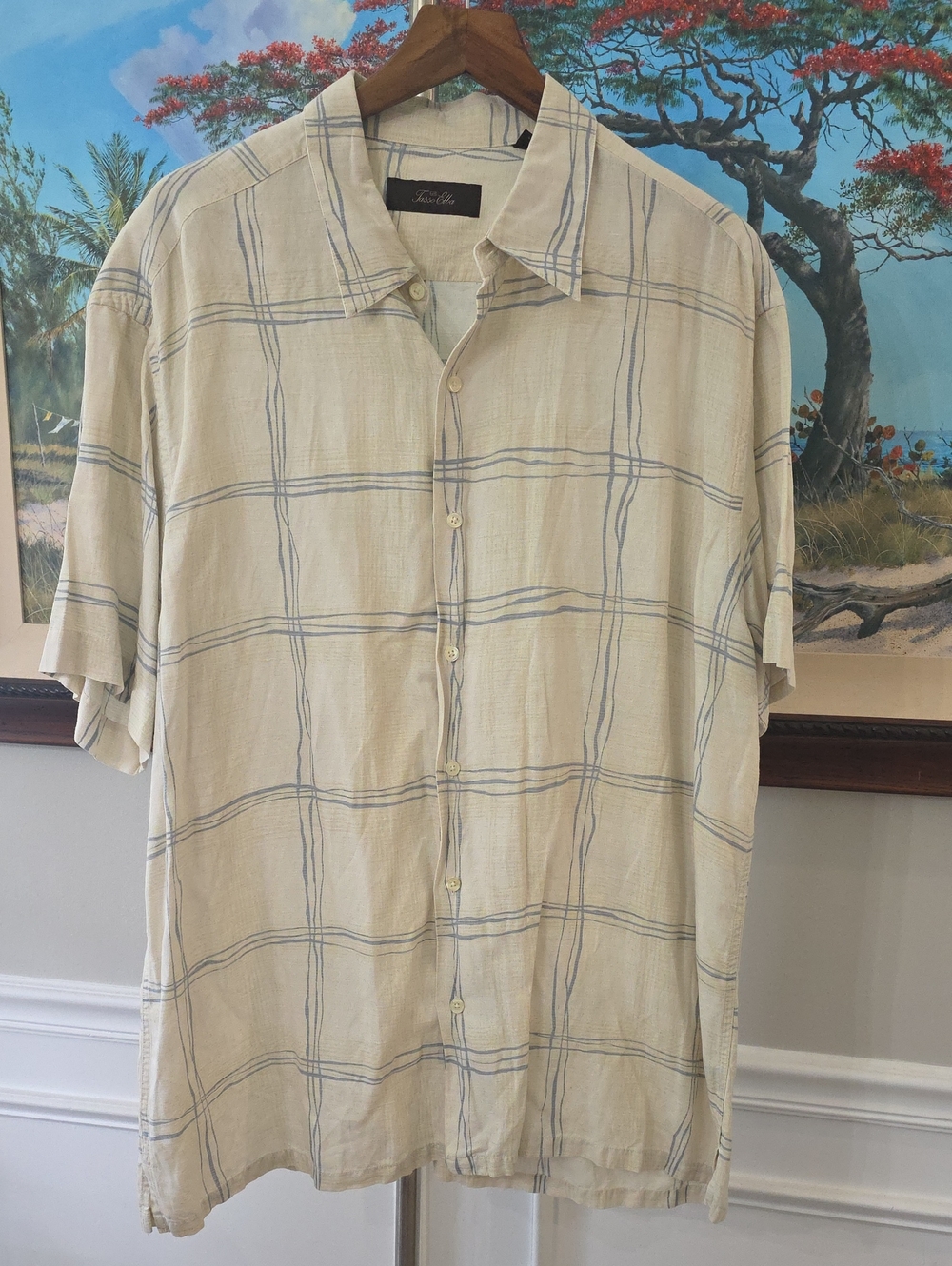 Tasso Elba Beige Short-Sleeve Button-Down Shirt with Blue Windowpane